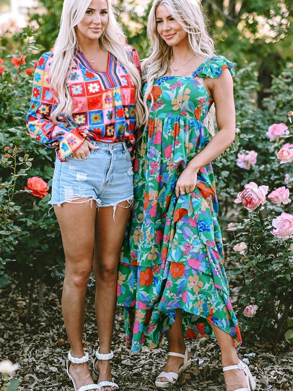 Green Floral Ruffle Maxi Dress with Flowy Shoulder Strap