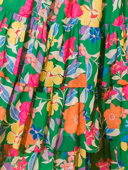 Green Floral Ruffle Maxi Dress with Flowy Shoulder Strap