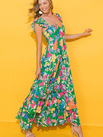 Green Floral Ruffle Maxi Dress with Flowy Shoulder Strap