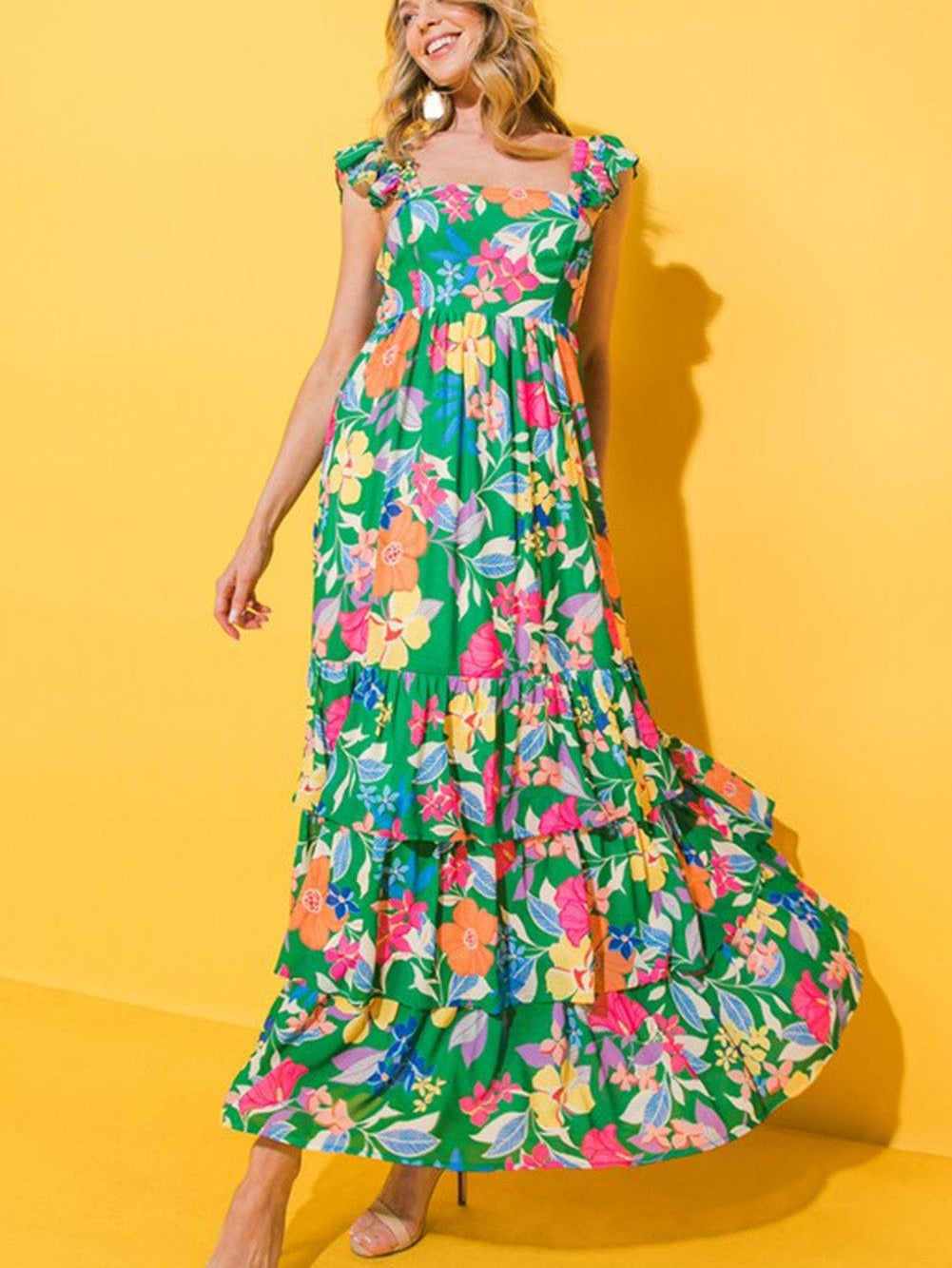 Green Floral Ruffle Maxi Dress with Flowy Shoulder Strap