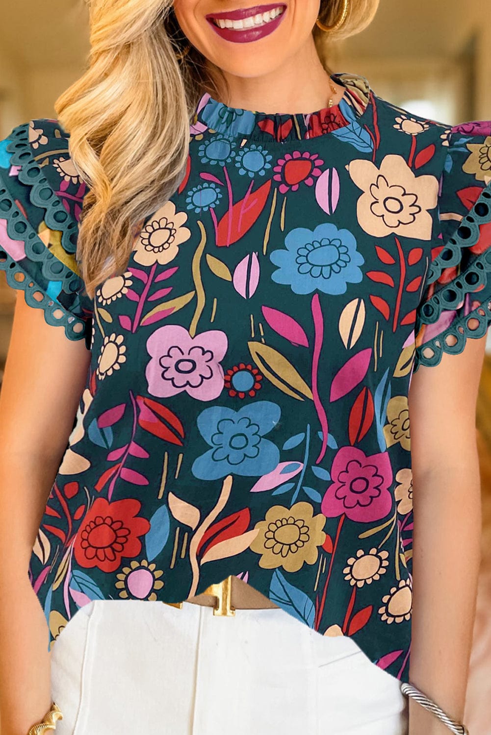 Green Floral Ruffle Sleeve Blouse with Ric Rac Trim