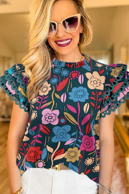 Green Floral Ruffle Sleeve Blouse with Ric Rac Trim