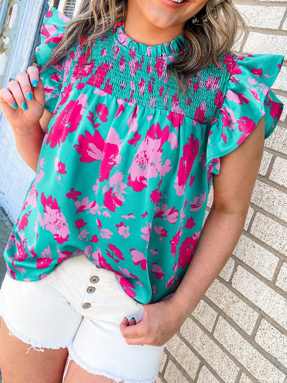 Green Floral Smocked Flutter Sleeve Ruched Blouse