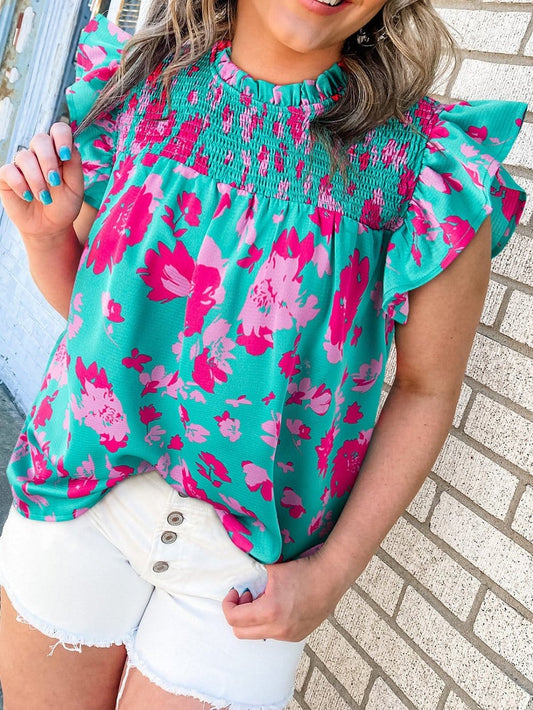 Green Floral Smocked Flutter Sleeve Ruched Blouse