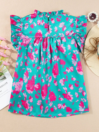 Green Floral Smocked Flutter Sleeve Ruched Blouse