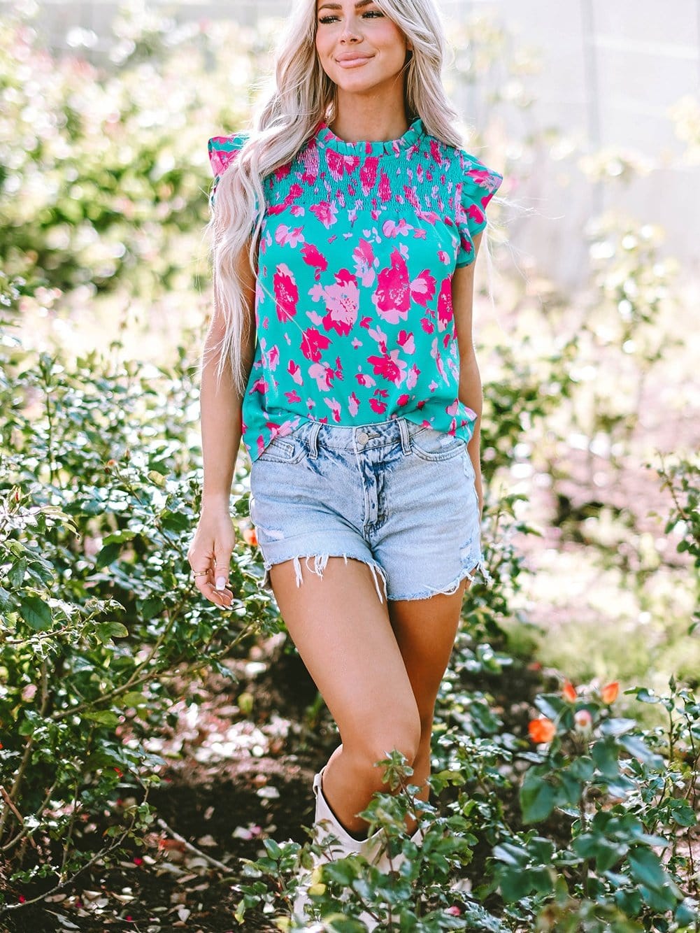 Green Floral Smocked Flutter Sleeve Ruched Blouse