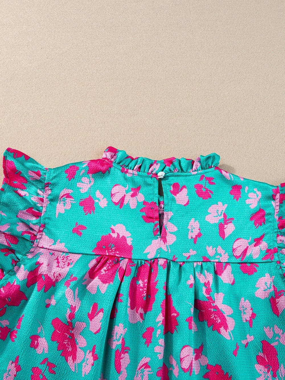 Green Floral Smocked Flutter Sleeve Ruched Blouse