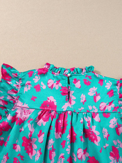 Green Floral Smocked Flutter Sleeve Ruched Blouse