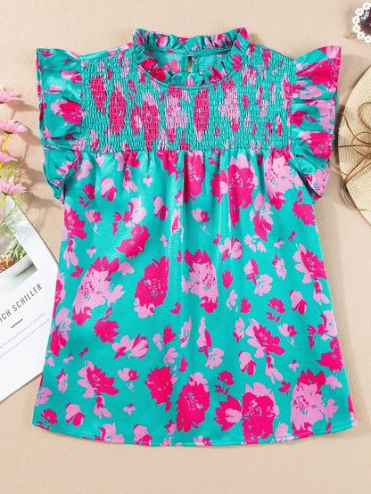 Green Floral Smocked Flutter Sleeve Ruched Blouse