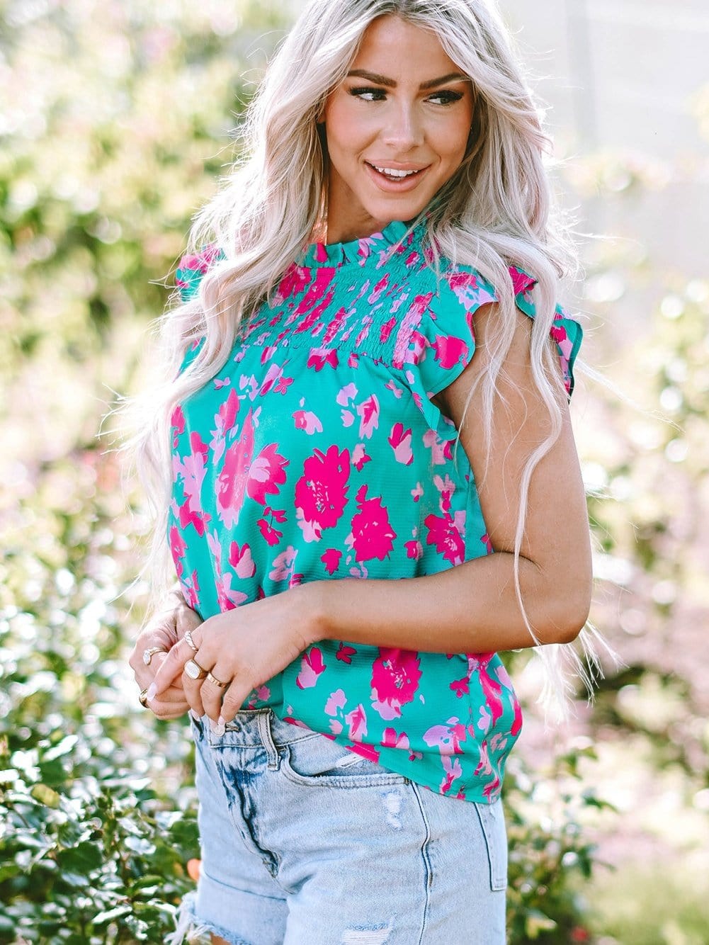 Green Floral Smocked Flutter Sleeve Ruched Blouse