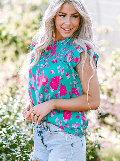 Green Floral Smocked Flutter Sleeve Ruched Blouse