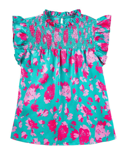 Green Floral Smocked Flutter Sleeve Ruched Blouse
