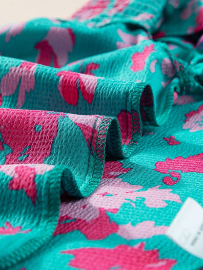 Green Floral Smocked Flutter Sleeve Ruched Blouse