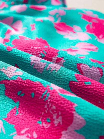 Green Floral Smocked Flutter Sleeve Ruched Blouse