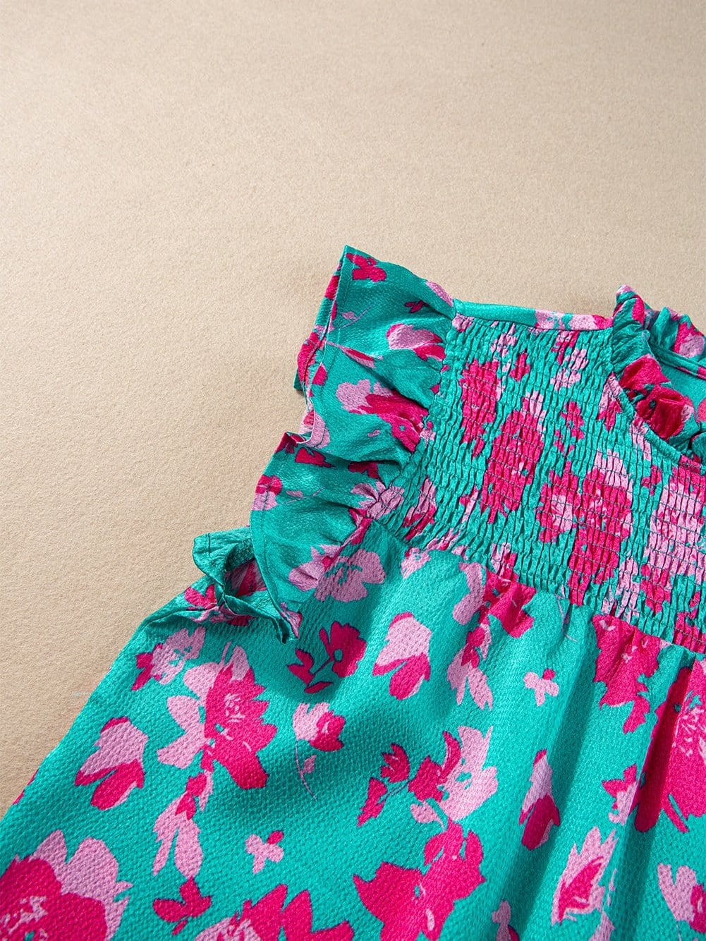 Green Floral Smocked Flutter Sleeve Ruched Blouse