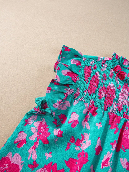 Green Floral Smocked Flutter Sleeve Ruched Blouse