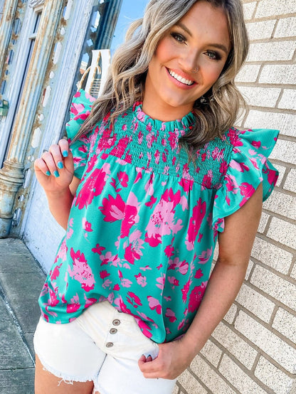Green Floral Smocked Flutter Sleeve Ruched Blouse