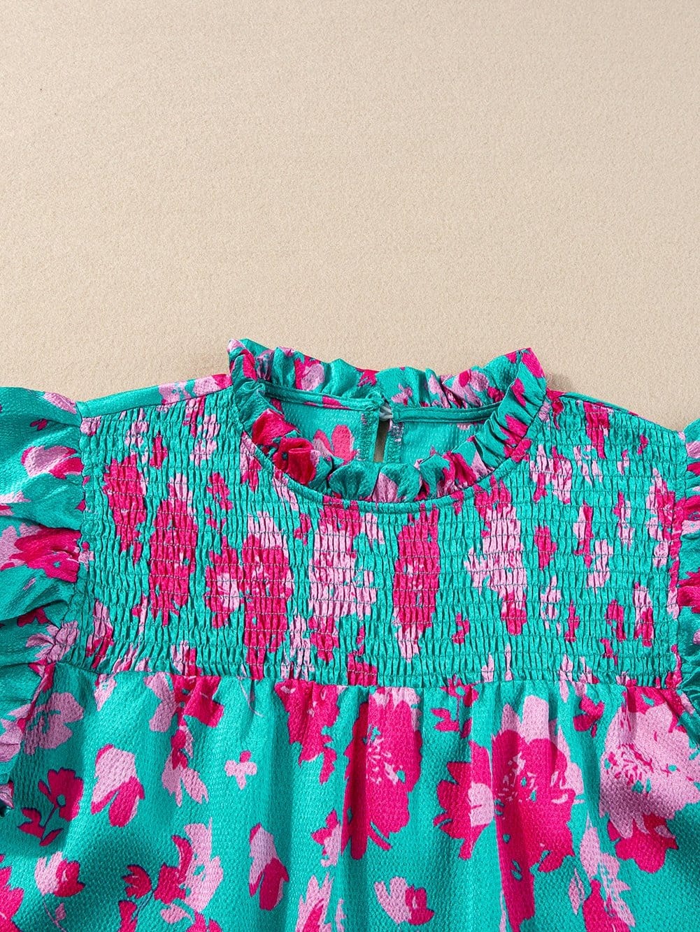 Green Floral Smocked Flutter Sleeve Ruched Blouse