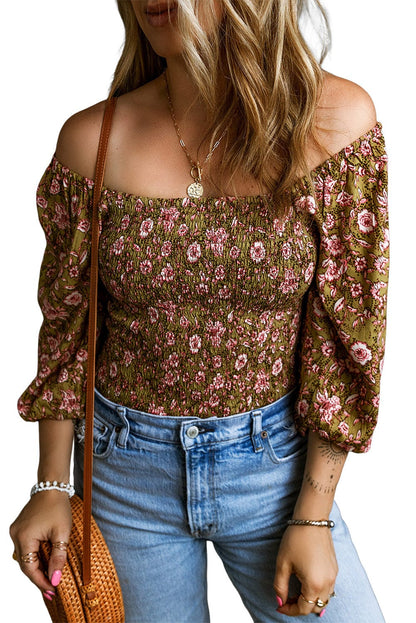 Green Floral Smocked Off-Shoulder Blouse with Puff Sleeves