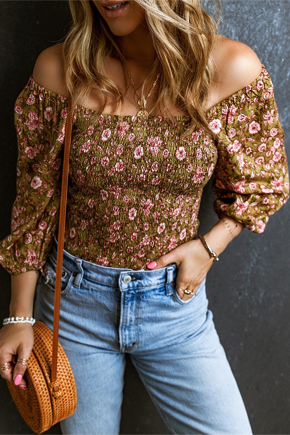 Green Floral Smocked Off-Shoulder Blouse with Puff Sleeves
