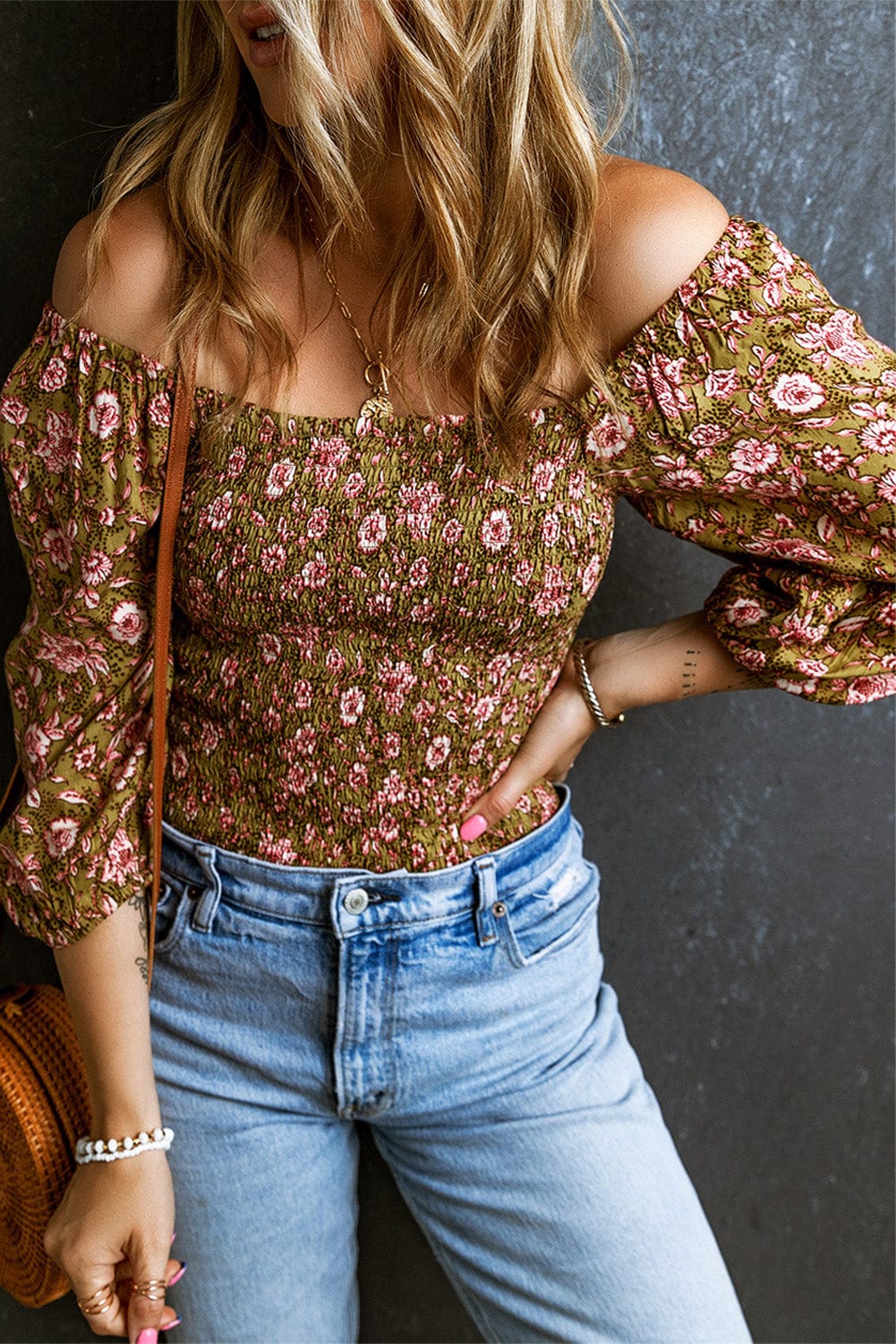 Green Floral Smocked Off-Shoulder Blouse with Puff Sleeves