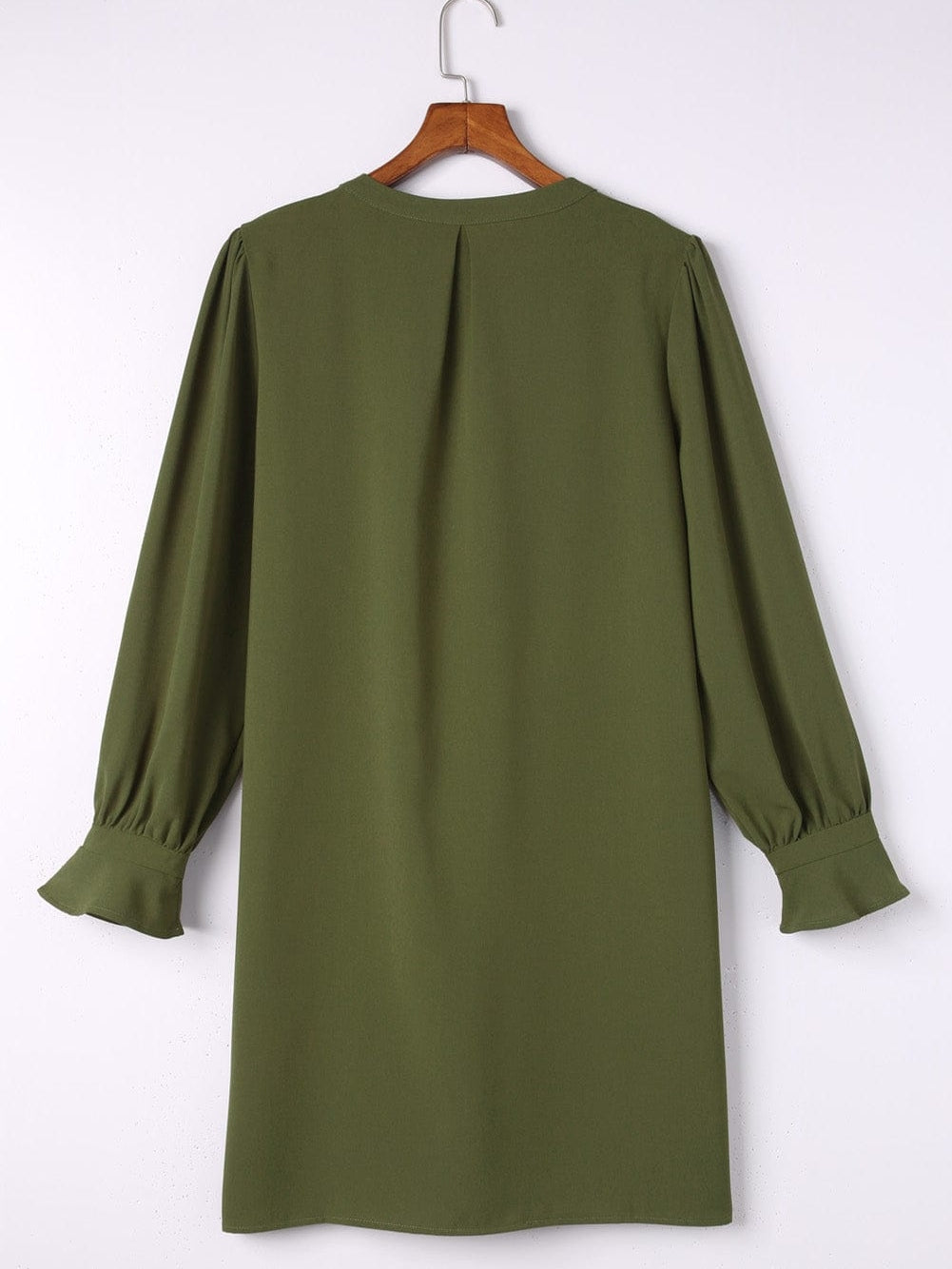 Green Flounced V Neck Shirt Dress with Ruffles