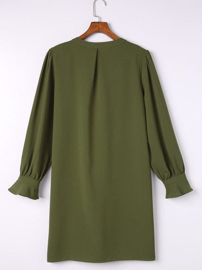 Green Flounced V Neck Shirt Dress with Ruffles