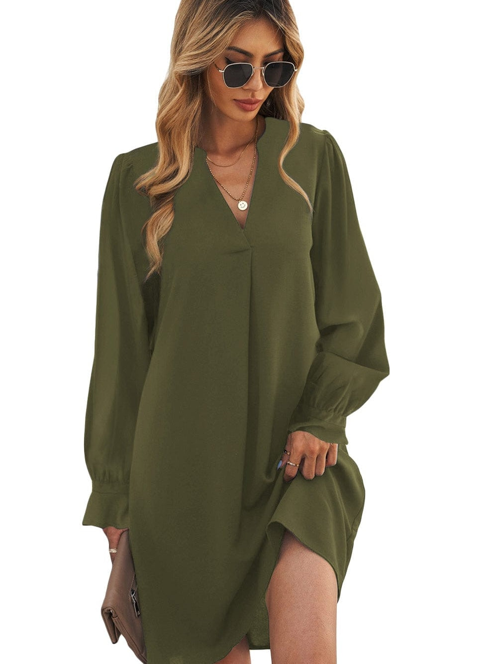 Green Flounced V Neck Shirt Dress with Ruffles