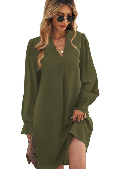 Green Flounced V Neck Shirt Dress with Ruffles