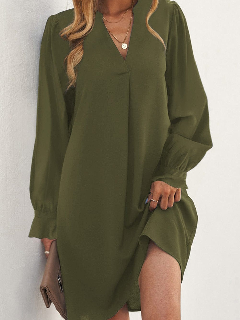 Green Flounced V Neck Shirt Dress with Ruffles
