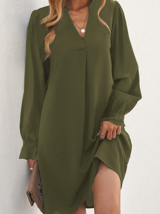 Green Flounced V Neck Shirt Dress with Ruffles