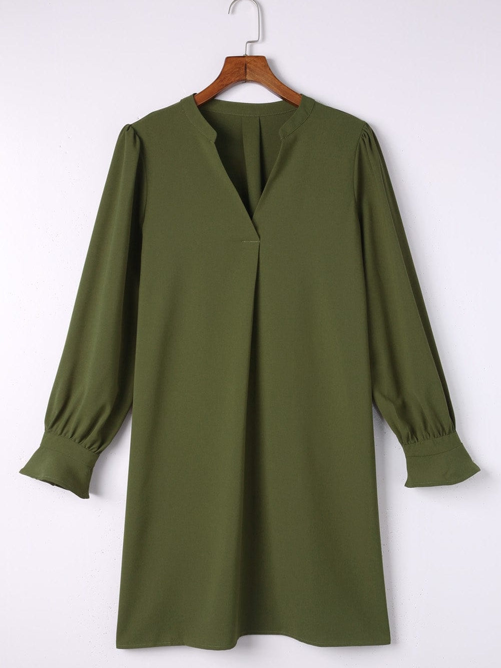 Green Flounced V Neck Shirt Dress with Ruffles