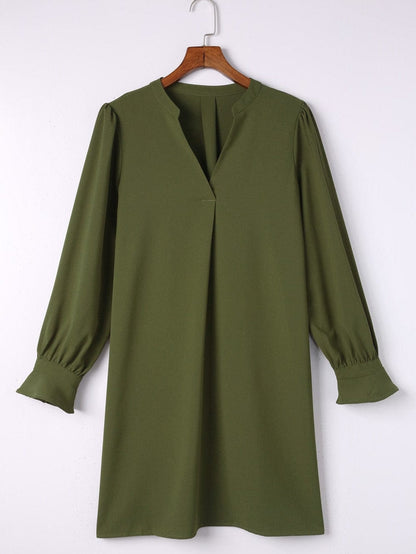 Green Flounced V Neck Shirt Dress with Ruffles