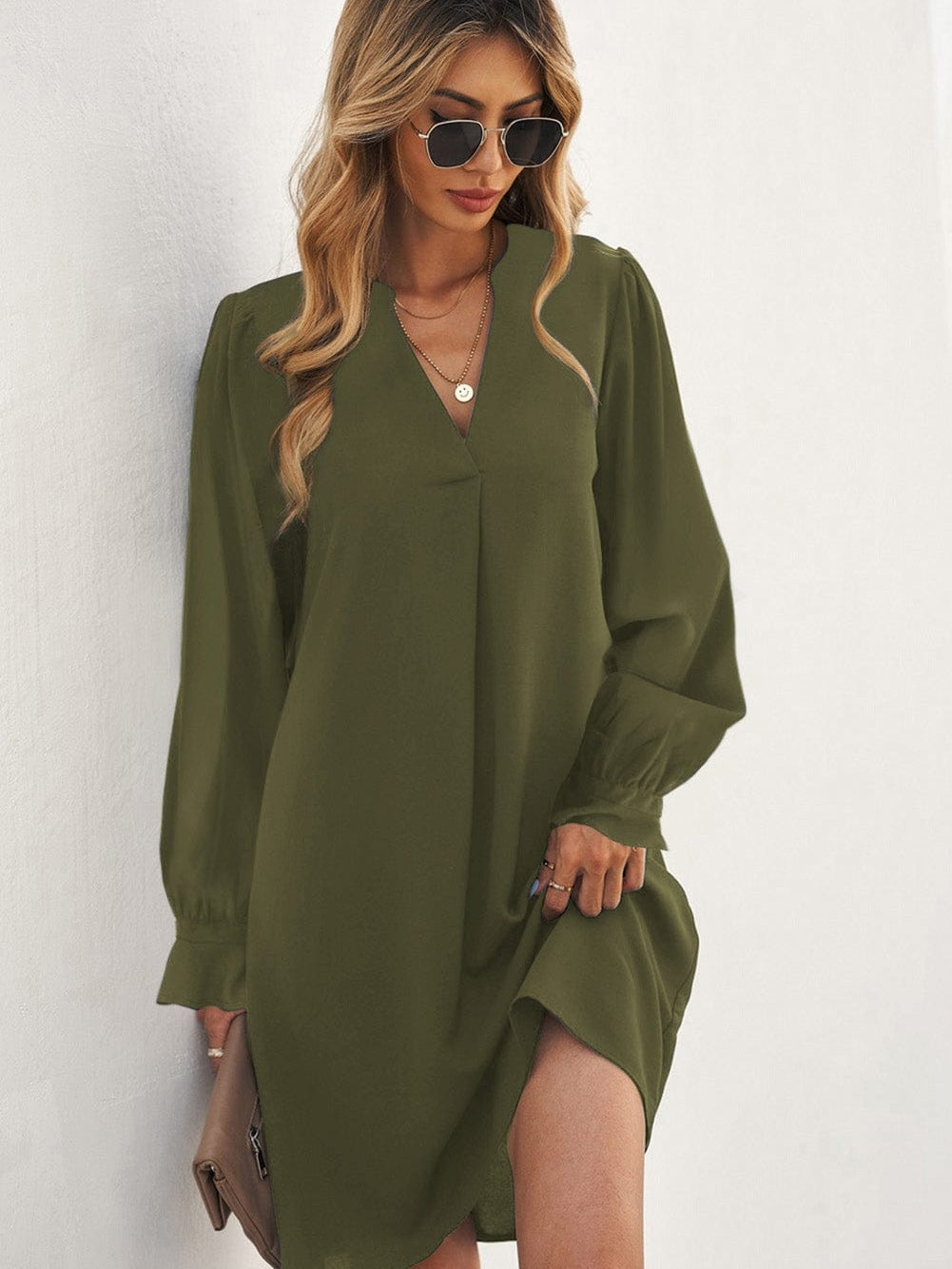 Green Flounced V Neck Shirt Dress with Ruffles