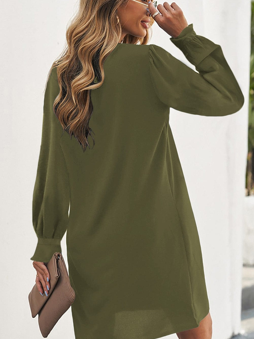 Green Flounced V Neck Shirt Dress with Ruffles