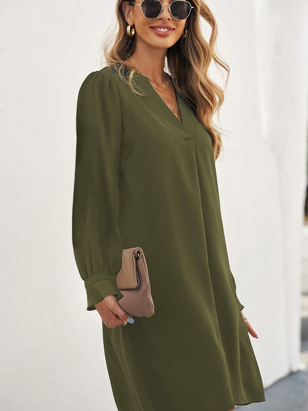Green Flounced V Neck Shirt Dress with Ruffles
