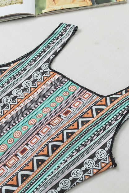 Green Geo Print Square Neck Tank Top for a Stylish Western Look