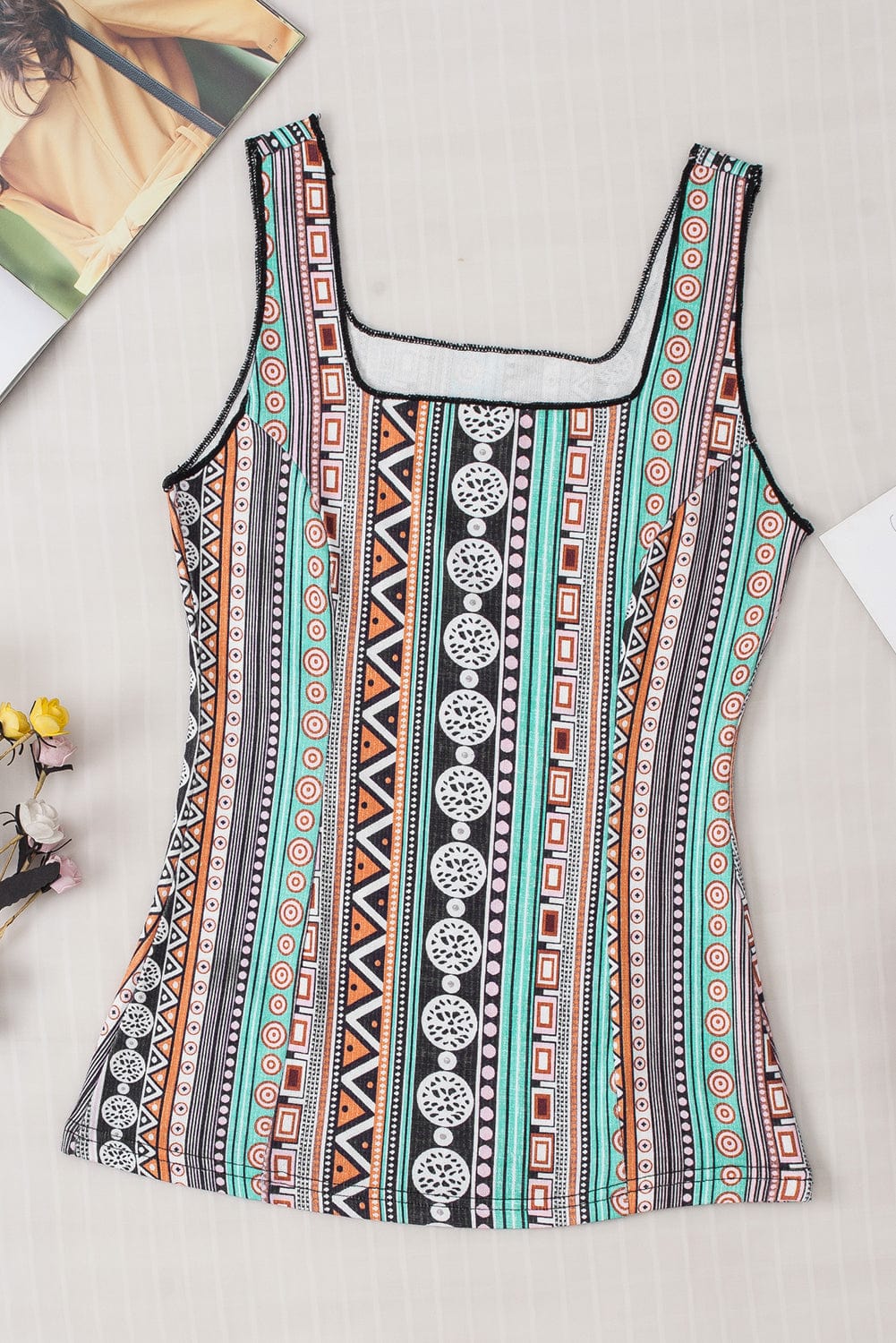 Green Geo Print Square Neck Tank Top for a Stylish Western Look
