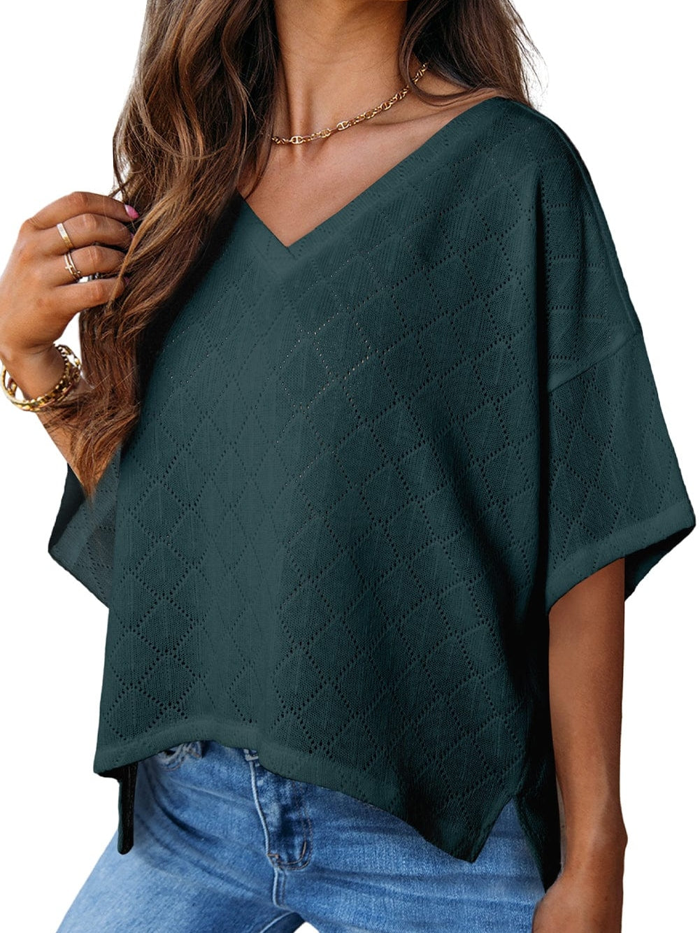 Green Knit V Neck Flowy Top