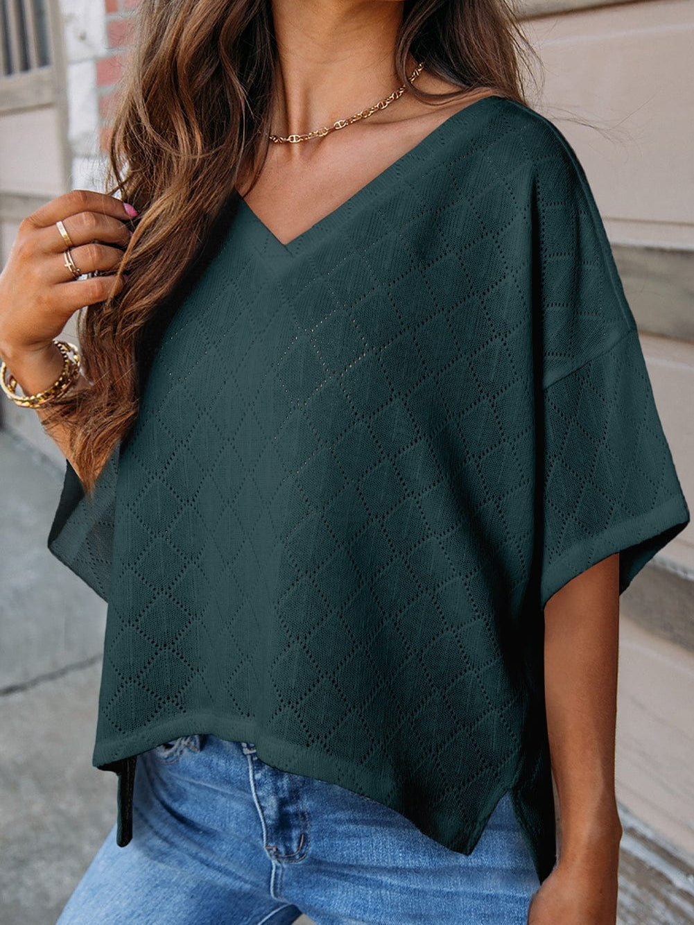 Green Knit V Neck Flowy Top