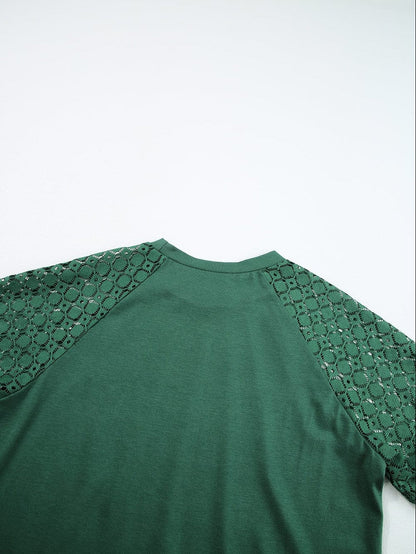 Green Lace Raglan Sleeve Tee with Seamed Detail