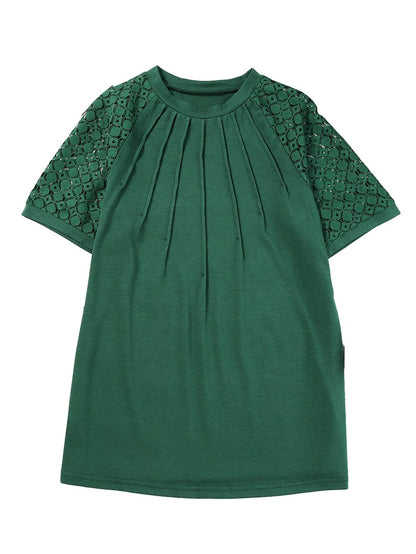 Green Lace Raglan Sleeve Tee with Seamed Detail