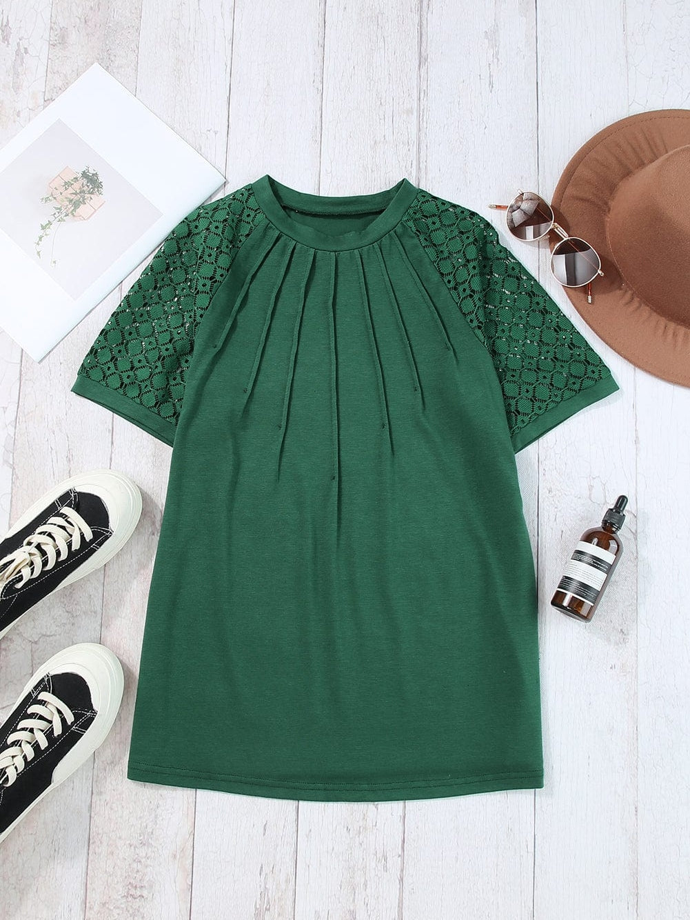 Green Lace Raglan Sleeve Tee with Seamed Detail