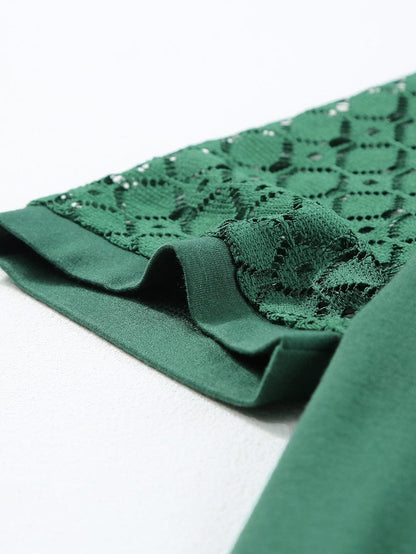 Green Lace Raglan Sleeve Tee with Seamed Detail