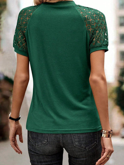 Green Lace Raglan Sleeve Tee with Seamed Detail