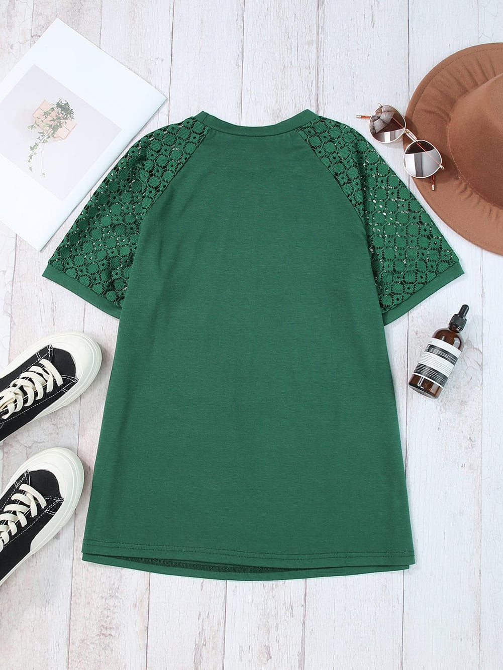 Green Lace Raglan Sleeve Tee with Seamed Detail