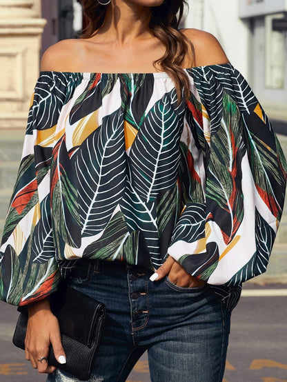 Green Leaves Off Shoulder Top with Elegant Elastic Neckline