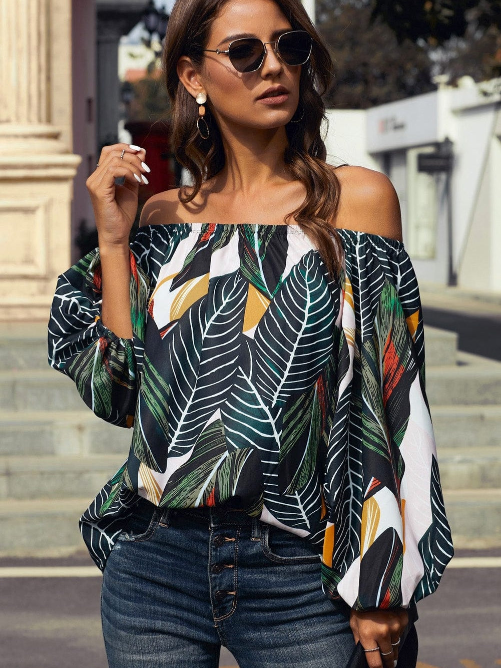 Green Leaves Off Shoulder Top with Elegant Elastic Neckline
