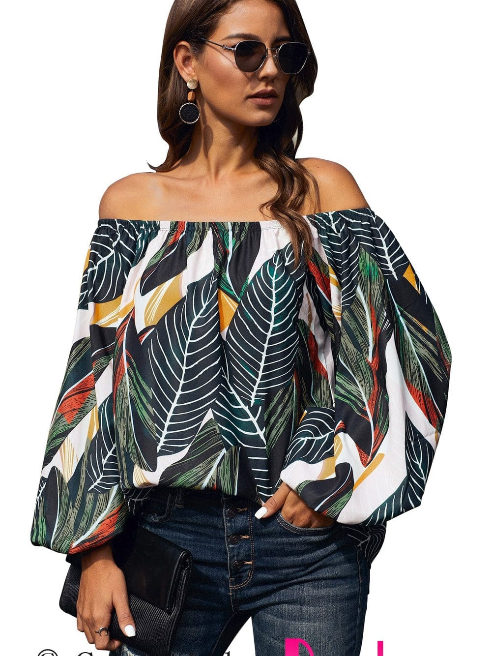 Green Leaves Off Shoulder Top with Elegant Elastic Neckline