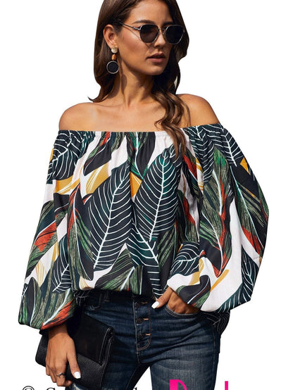 Green Leaves Off Shoulder Top with Elegant Elastic Neckline
